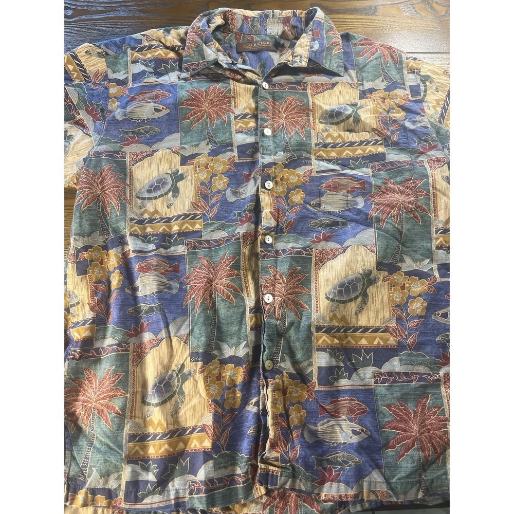 Tori Richard Shirt Men Medium Multicolor Tortoise Fish Print Beach Lawn Made USA